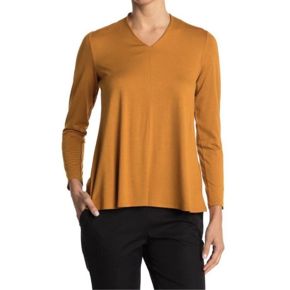 Eileen Fisher Fine Jersey V Neck Tunic Top Size XL Goldenrod Long Sleeve